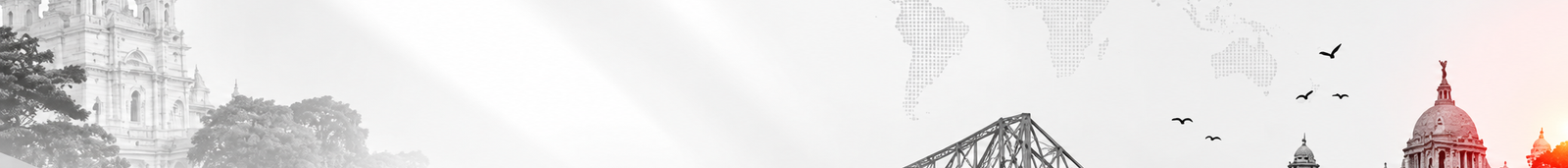 Abstract Bengali news website banner with a grayscale city skyline, red curved wave design, and white background.