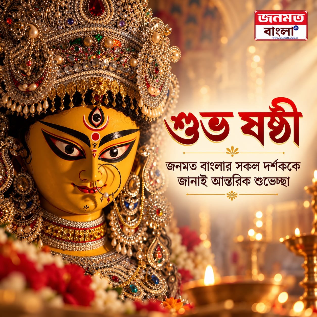 Janomot Bangla’s Mahashashthi greeting poster featuring Goddess Durga’s idol, festive floral decorations, and Bengali text wishing everyone a happy Mahashashthi and Durga Puja.