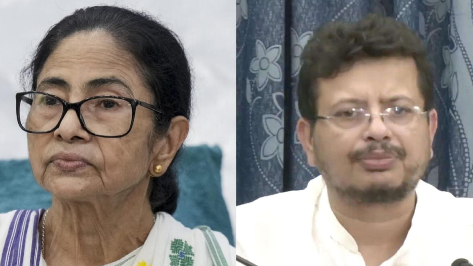 Split image featuring West Bengal Chief Minister Mamata Banerjee on the left and TMC leader Ritabrata Banerjee on the right, highlighting the political dispute within the Trinamool Congress.