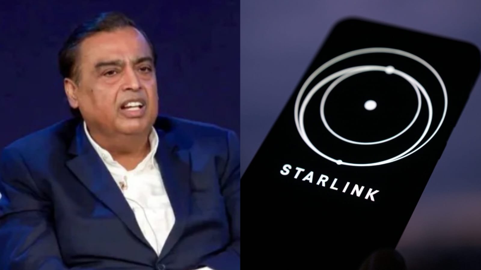 Reliance Industries Chairman Mukesh Ambani pictured alongside the Starlink logo, highlighting the debate over Starlink’s satellite internet services in India.