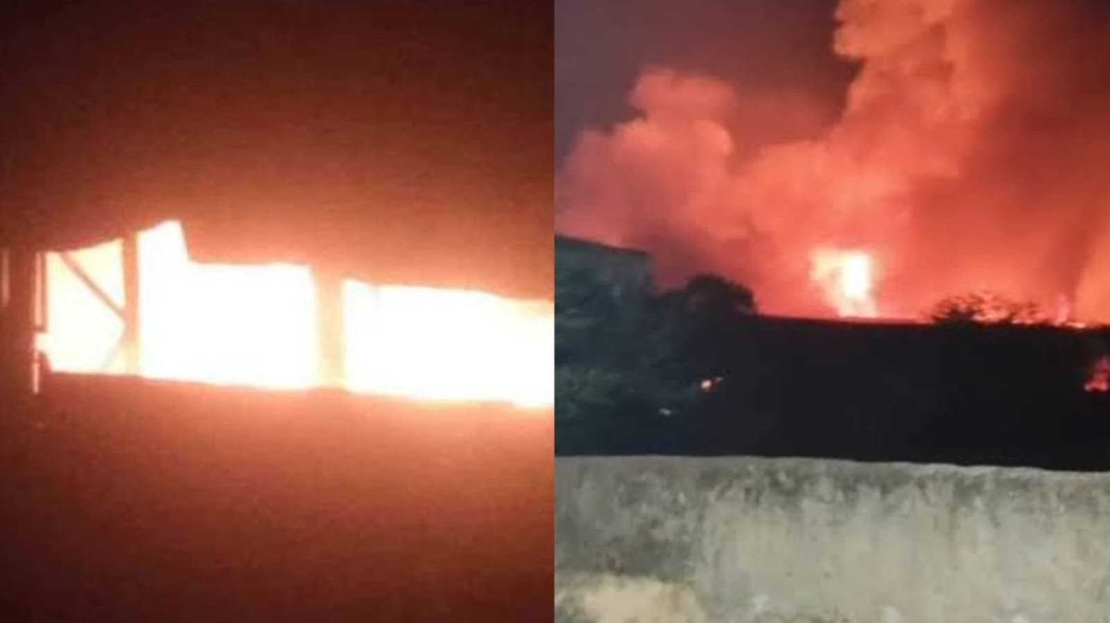 Flames and thick smoke rise from a momo warehouse during a late-night fire in Nazirabad, South 24 Parganas, West Bengal.