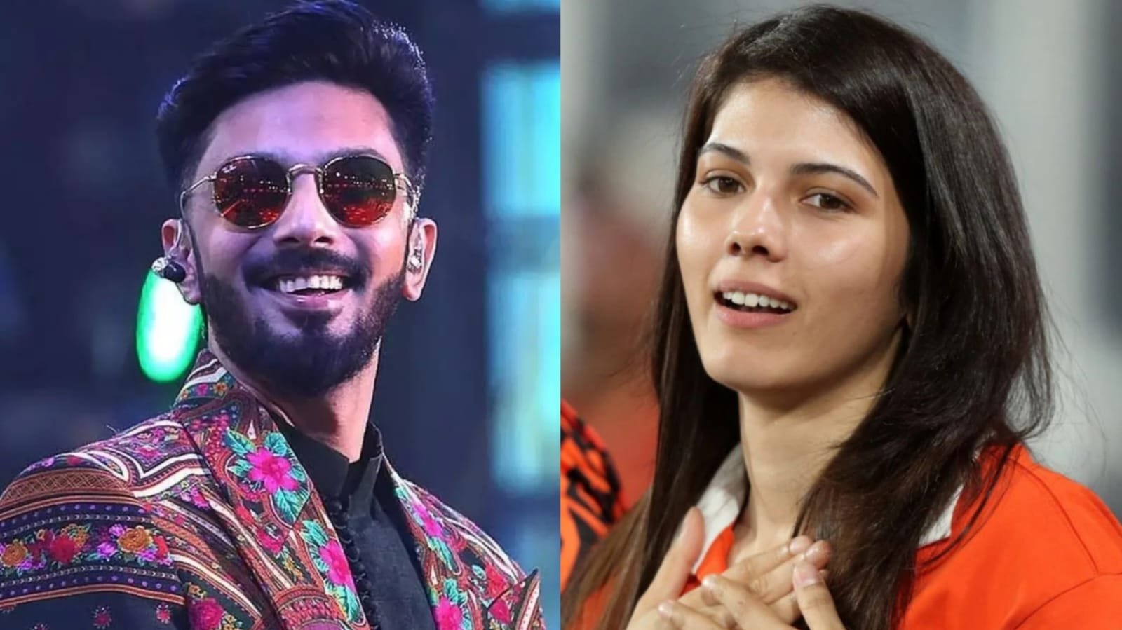 Collage featuring a male music composer wearing sunglasses and a colorful outfit alongside a woman in an orange outfit.