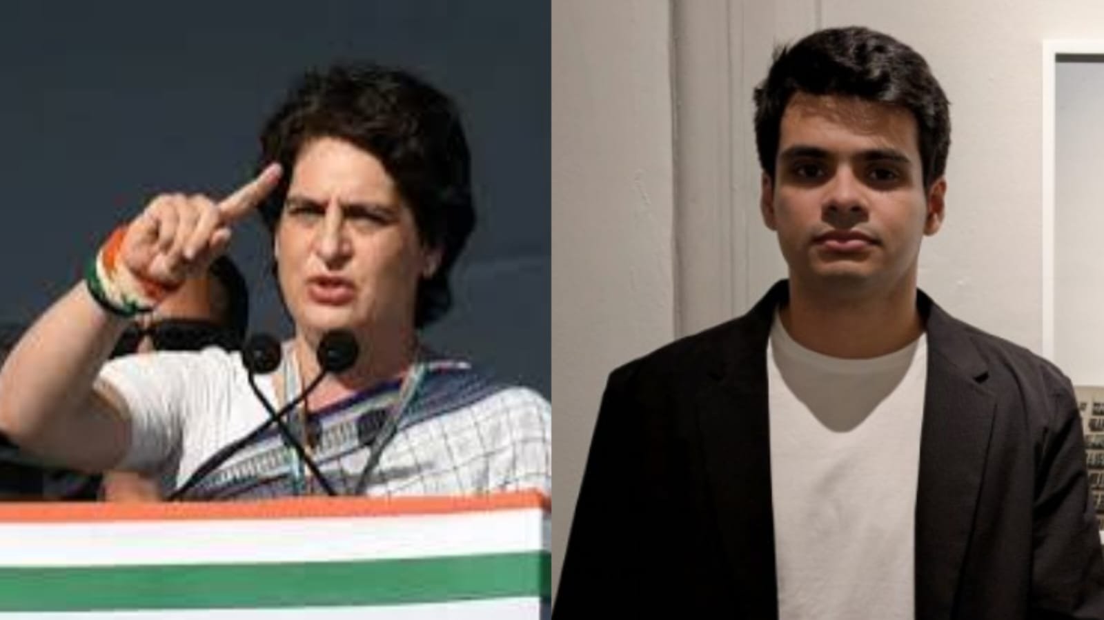 A split-screen image showing two people. On the left, a woman wearing a white sari with a tricolour border speaks passionately at a podium with microphones, raising her index finger. On the right, a young man with short black hair stands facing the camera, wearing a black blazer over a white V-neck T-shirt against a plain indoor background.