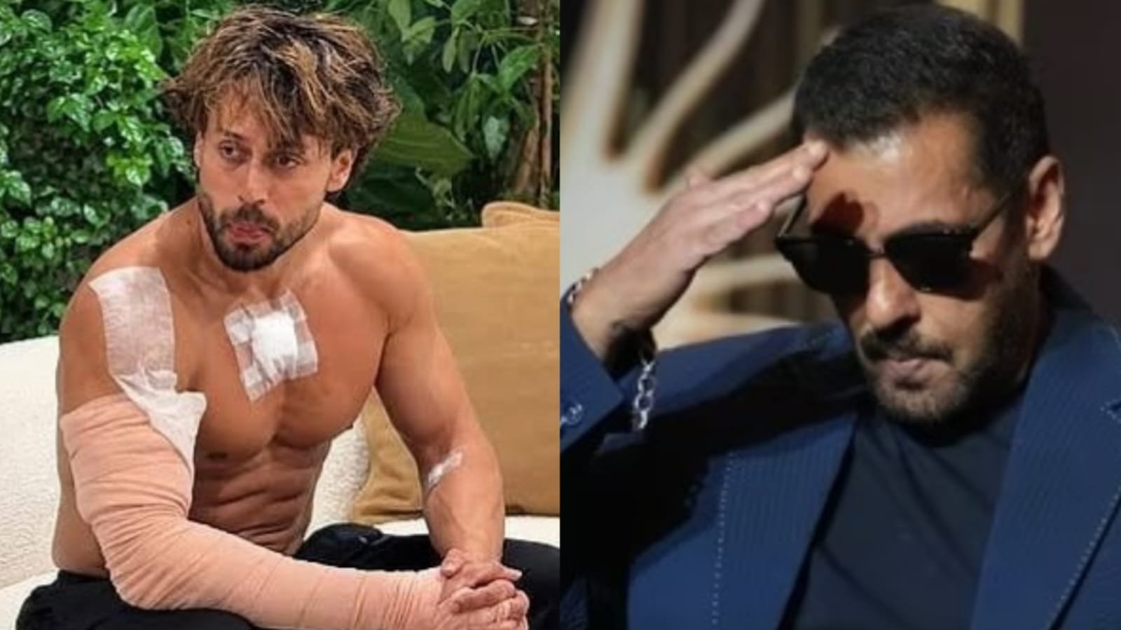 Injured Tiger Shroff with bandages and Salman Khan in sunglasses - side by side image.