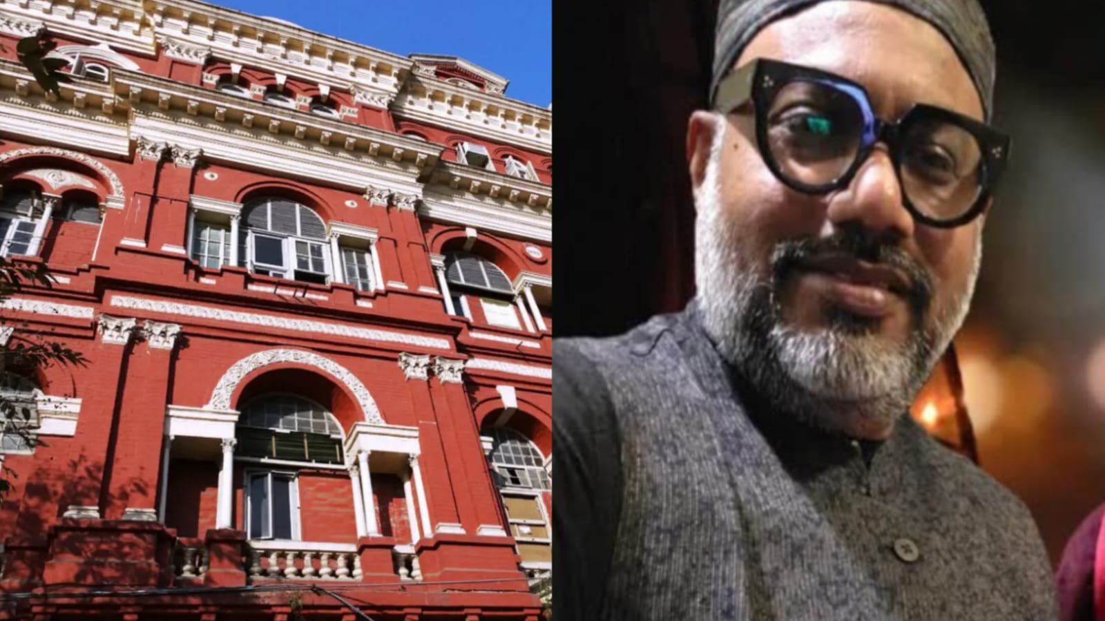 Split image: left side shows the red heritage building of Writer's Building in Kolkata with white architectural details and arched windows under blue sky, right side shows a close-up portrait of a man with grey beard, moustache, black-rimmed glasses and a grey cap wearing a grey vest.