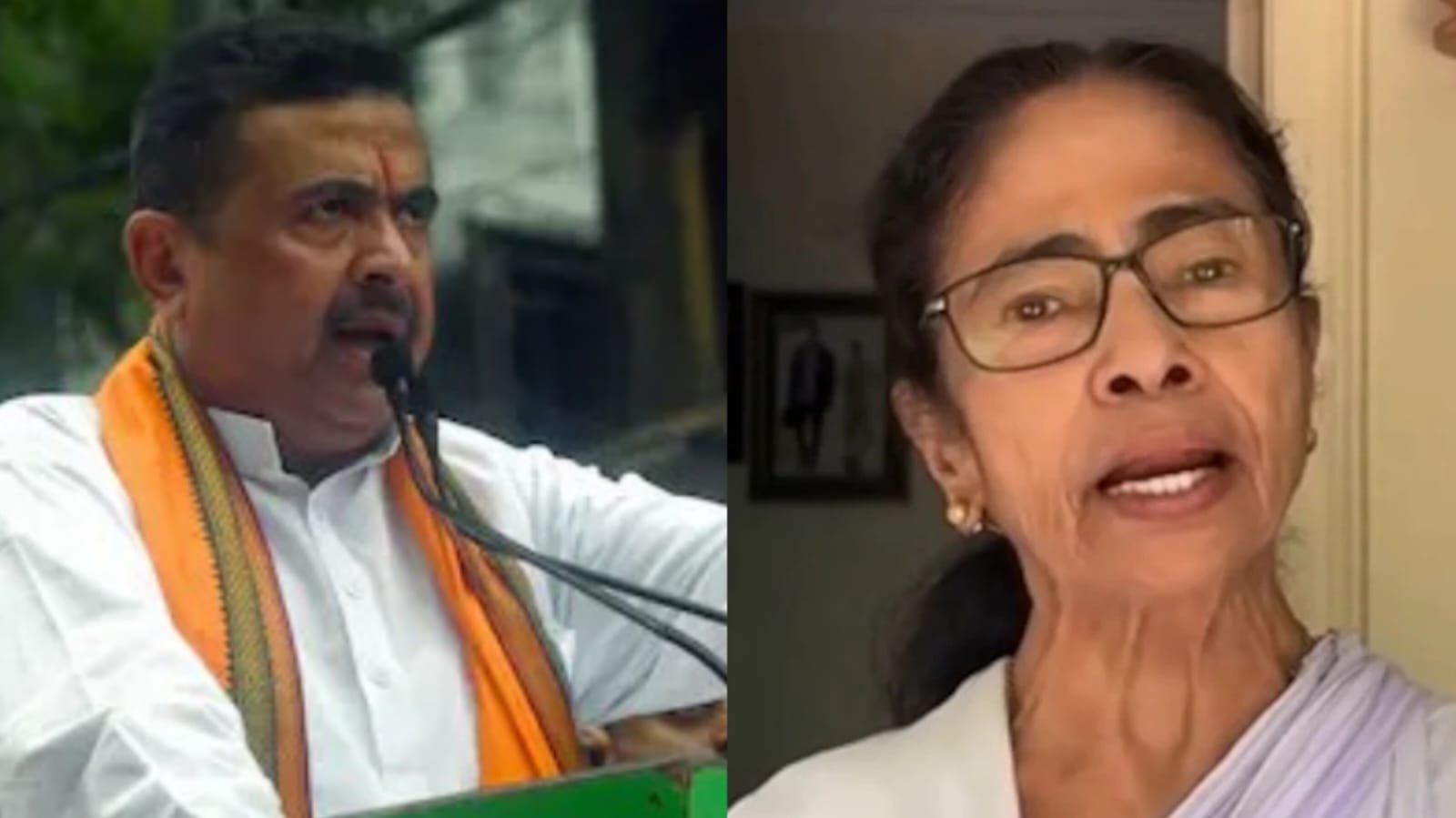 Split image of Suvendu Adhikari and Mamata Banerjee, highlighting the political rivalry in West Bengal.