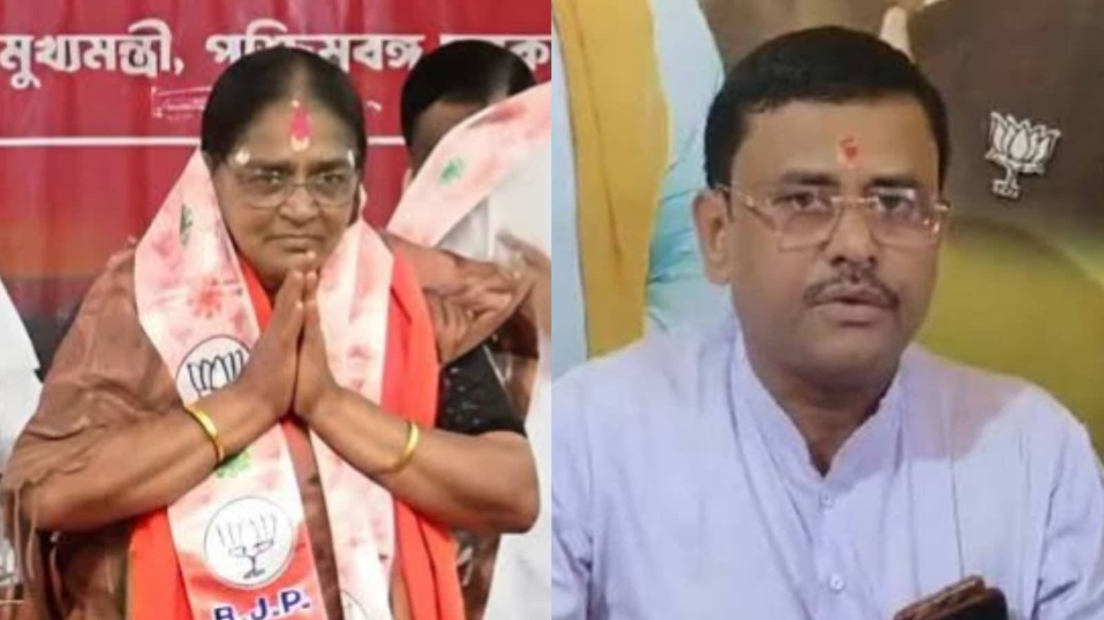 on the left, an older woman wearing glasses and a BJP scarf with the party lotus symbol, hands folded in a greeting gesture, with Bengali text in the background; on the right, a man in a light blue kurta with glasses and a red tilak on his forehead, sitting at what appears to be a BJP event with the party logo visible behind him.
