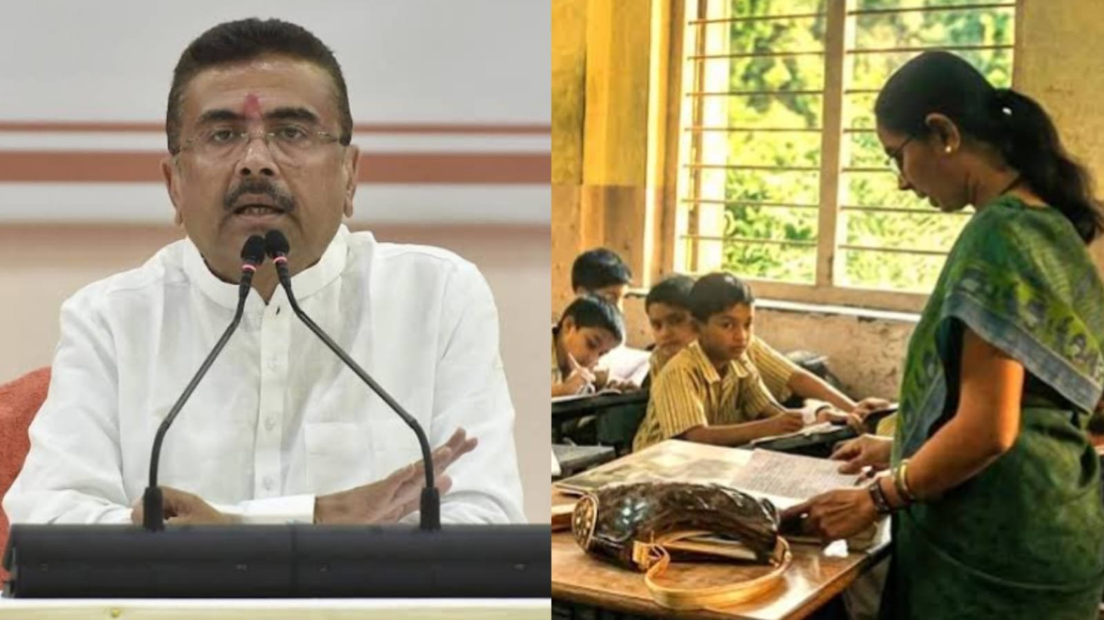 Maharashtra education minister and school classroom - collage of minister speaking at podium and female teacher checking students in class