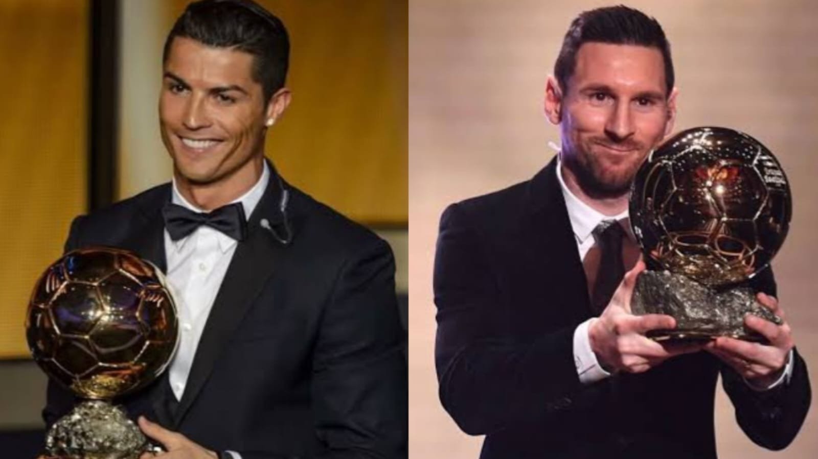 Cristiano Ronaldo and Lionel Messi holding Ballon d'Or trophies - football GOATs comparison