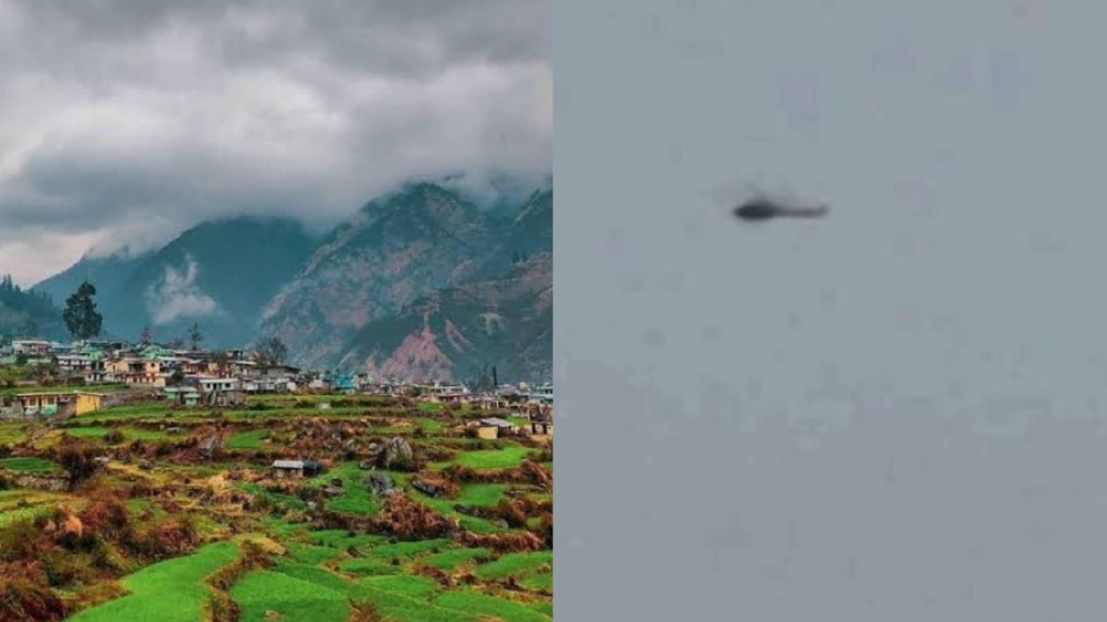 Split image showing Uttarakhand village with green fields and mountains, helicopter flying in cloudy sky during rescue operation
