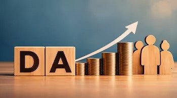 Wooden blocks spelling 'DA' next to rising stacks of coins with an upward arrow, and wooden figures of people representing Dearness Allowance hike.
