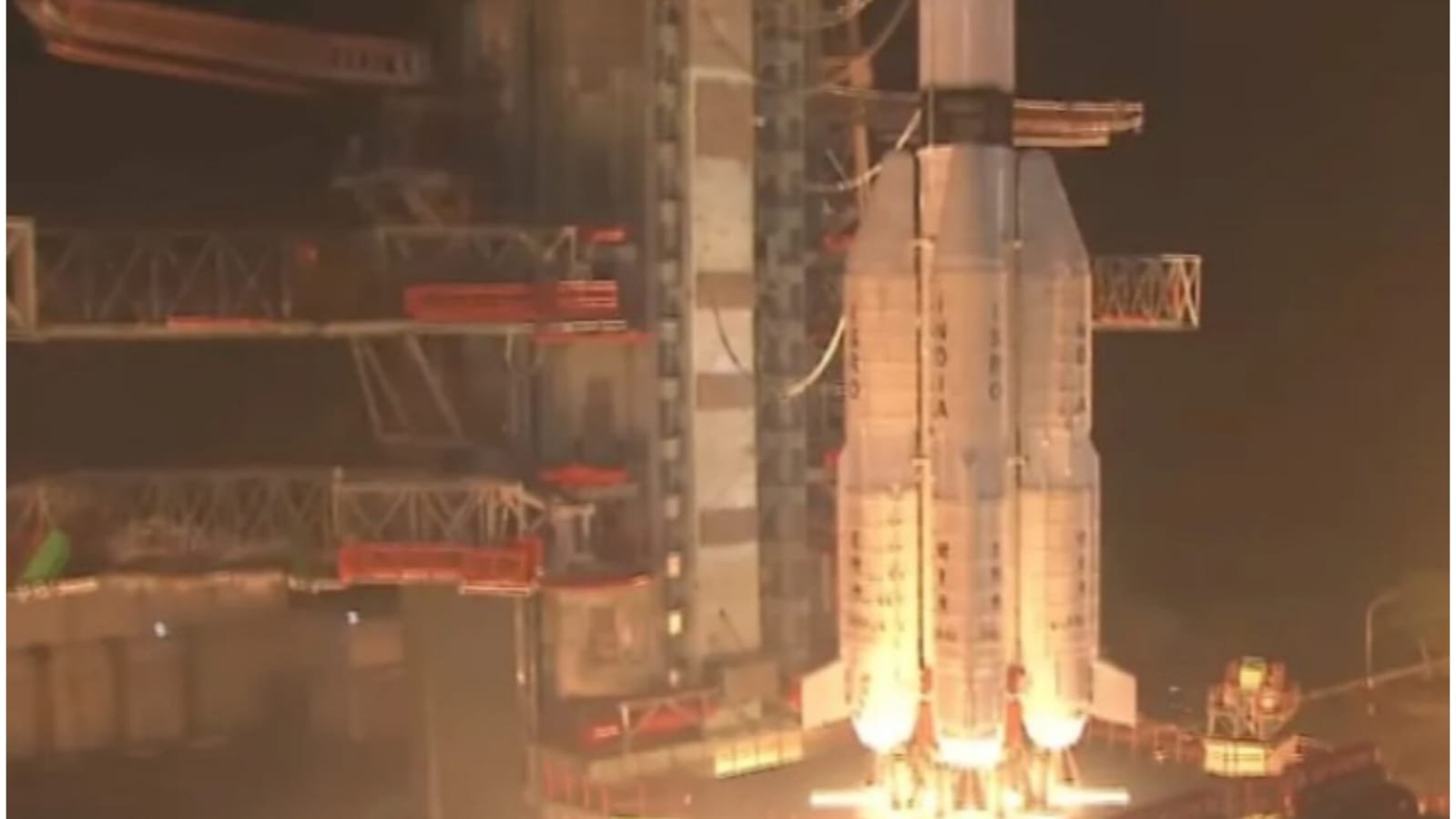 ISRO's GSLV-F18 rocket carrying NVS-03 navigation satellite lifting off at night from the second launch pad of Satish Dhawan Space Centre in Sriharikota with bright flames from its boosters.