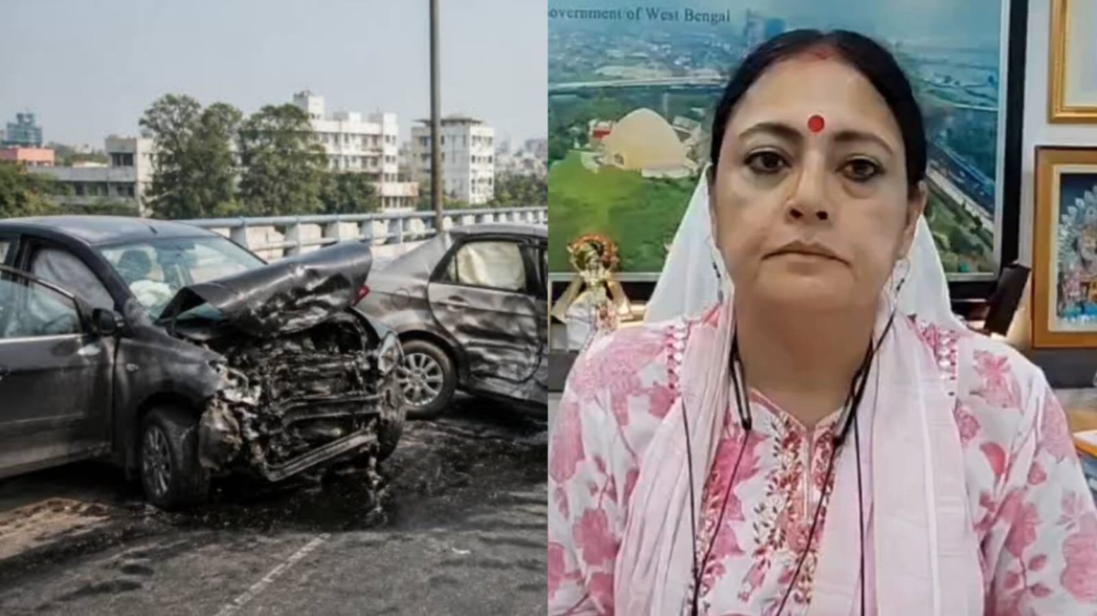 Split image - on the left, two badly damaged black cars after a head-on collision and fire on a flyover; on the right, a woman in a pink and white floral dress with a white dupatta speaking from an office with Government of West Bengal poster in the background.